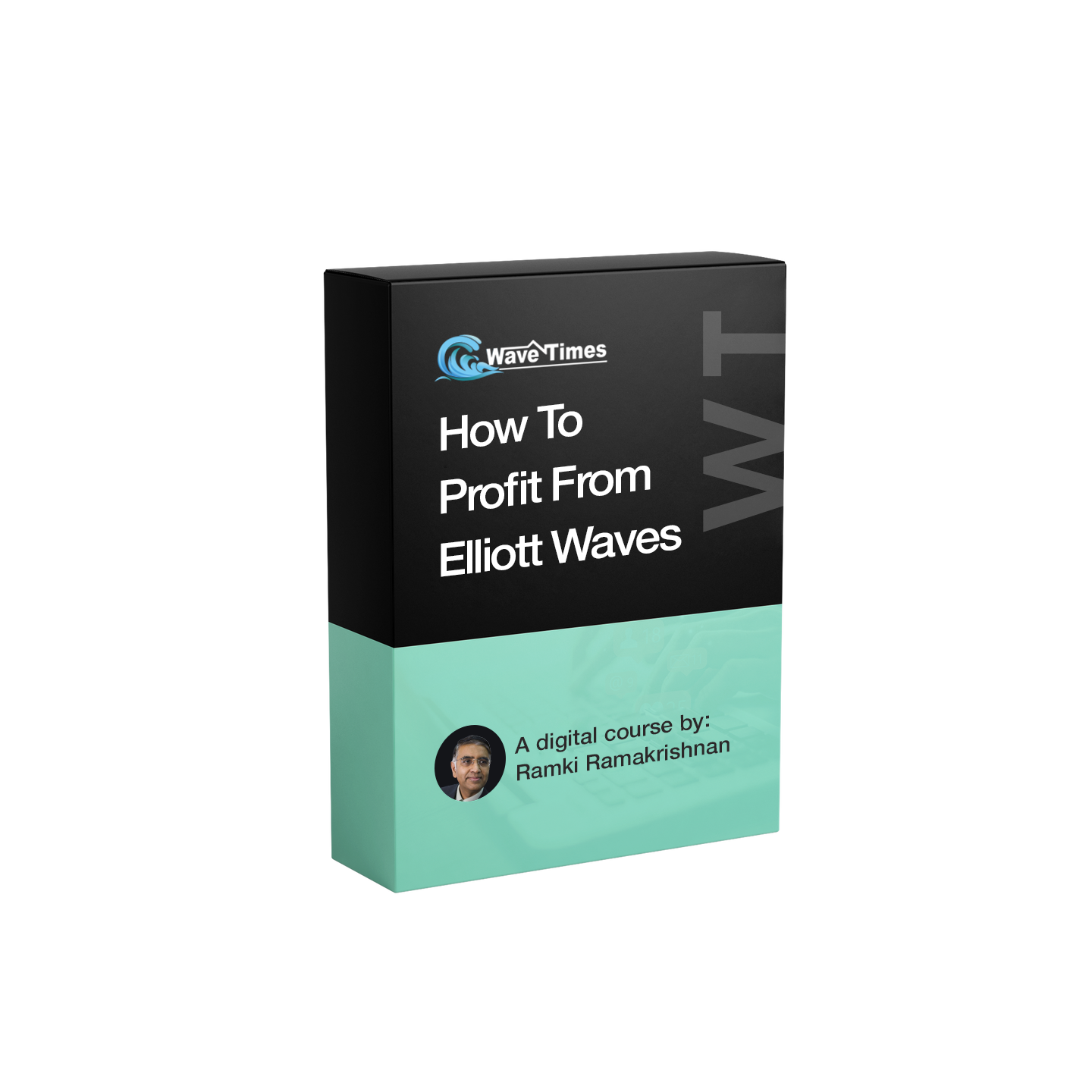 This image shows a box for the contents of the Elliott Wave course How to Profit from Elliott Waves. It also has the image of the author, Ramki Ramakrishnan